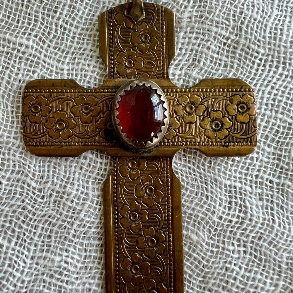 SOLD! Vintage Handmade Brass Cross Pendant Signed Eddie Martinez Glass & Bezel